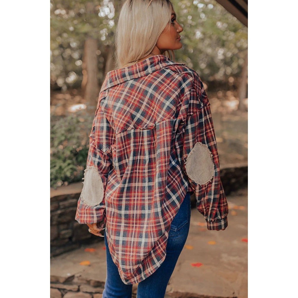 POL Plaid Flannel Shirt with Elbow Patches Red Navy Blue Womens Size M Oversized